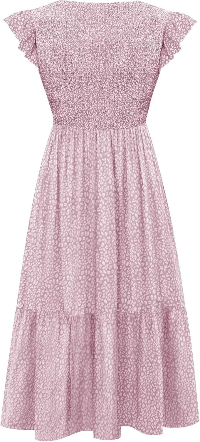 Women's Nursing Dress Flutter Short Sleeve Crew Neck Smocked Elastic Waist Tiered Midi with Pockets
