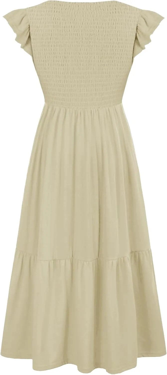 Women's Nursing Dress Flutter Short Sleeve Crew Neck Smocked Elastic Waist Tiered Midi with Pockets