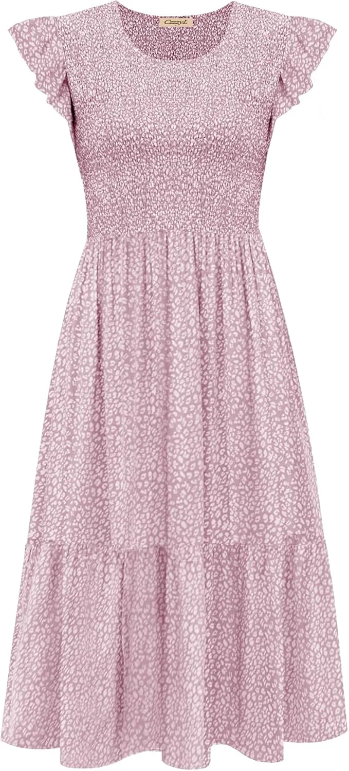 Women's Nursing Dress Flutter Short Sleeve Crew Neck Smocked Elastic Waist Tiered Midi with Pockets