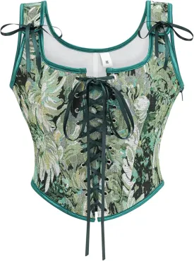 Women's Vintage Floral Print Vest Renaissance Corset Lace Up Fishbone Bustier Tops Pirate Costume