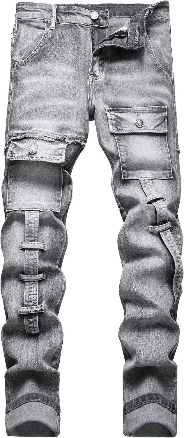 XIMXIMMTIAN Men's Biker Moto Washed Distressed Slim Fit Straight Jeans Denim
