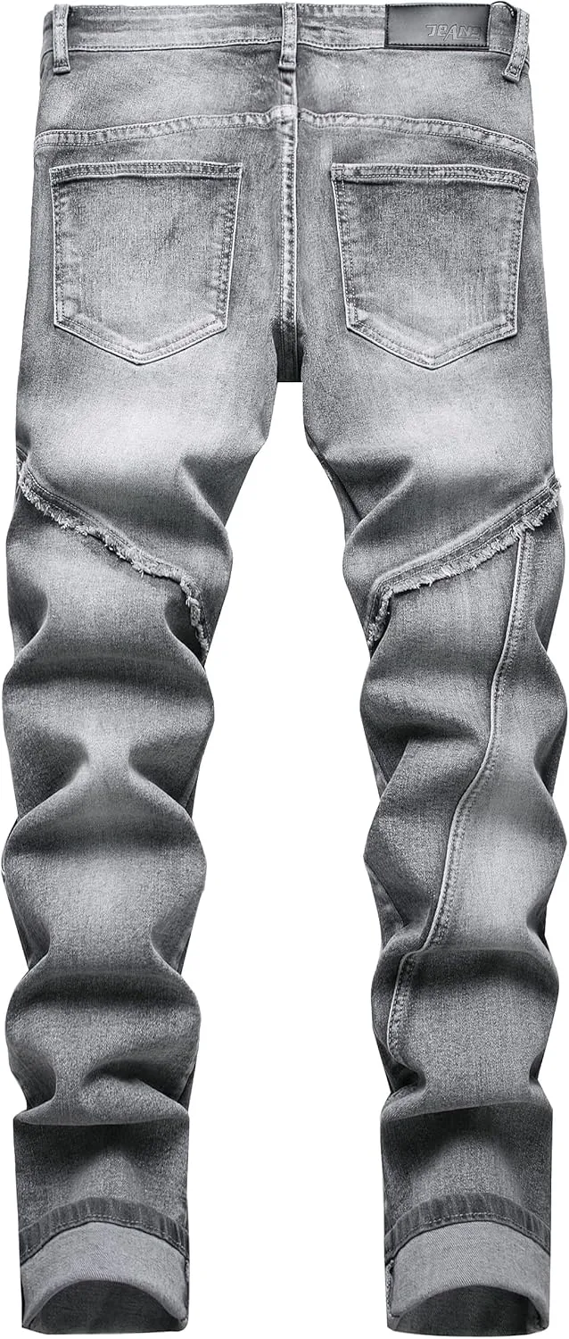 XIMXIMMTIAN Men's Biker Moto Washed Distressed Slim Fit Straight Jeans Denim