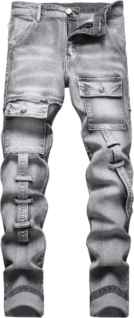XIMXIMMTIAN Men's Biker Moto Washed Distressed Slim Fit Straight Jeans Denim