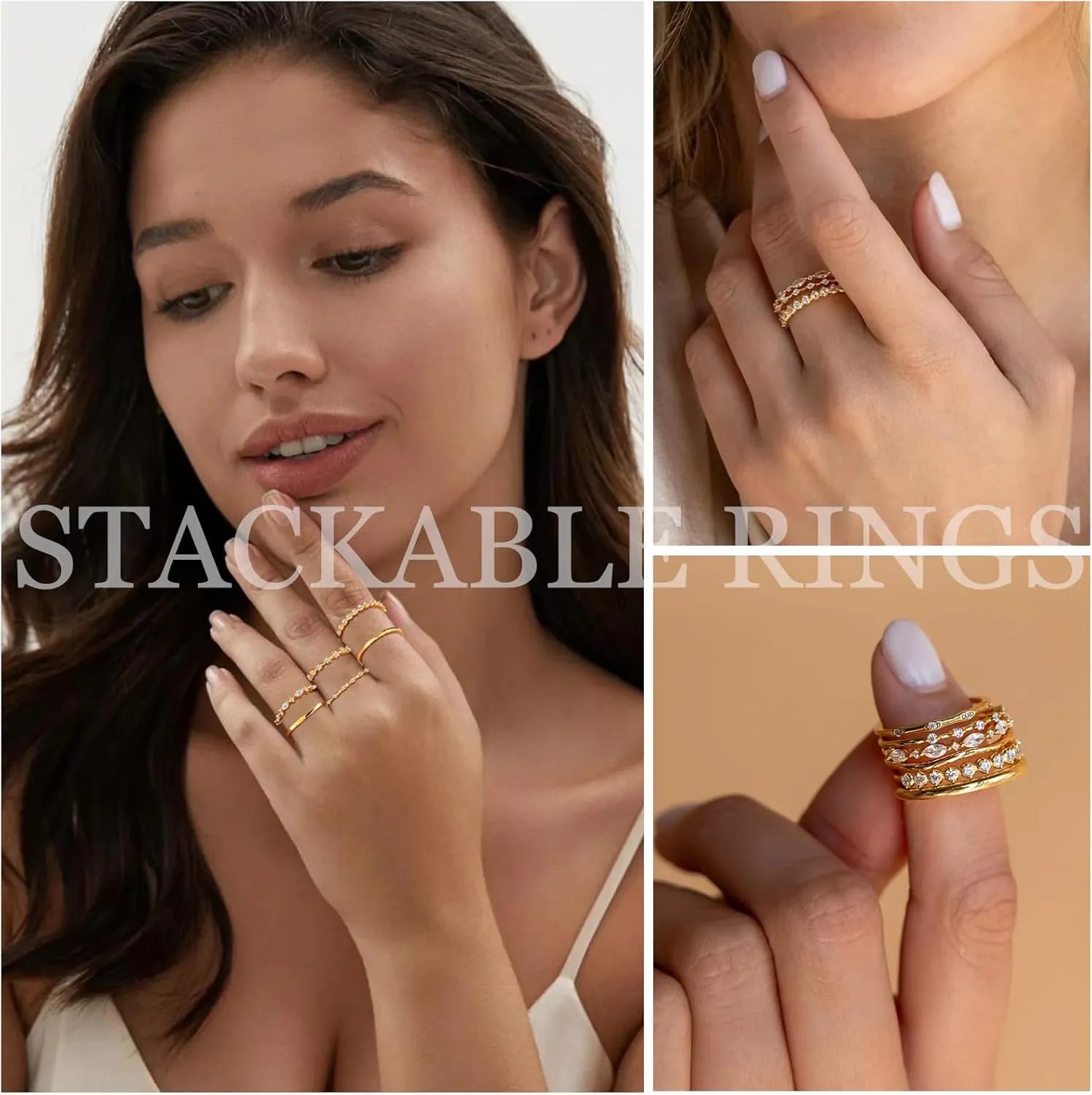 YEEZII Gold Rings for Women Non Tarnish, 14k Gold Plated Stacking Cubic Zirconia Thumb Rings, Dainty Stackable Gold Knuckle Rings Set Size 6-10