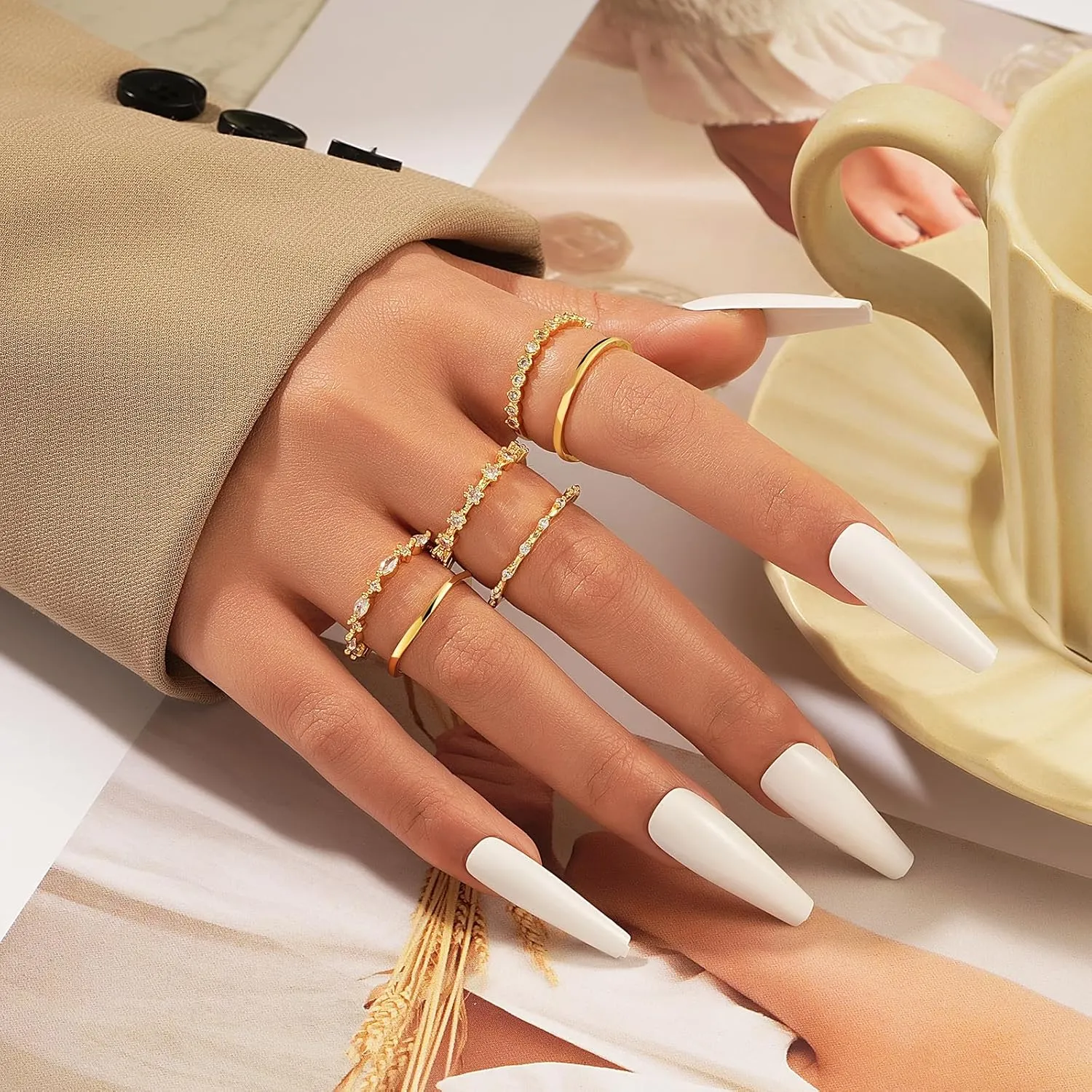 YEEZII Gold Rings for Women Non Tarnish, 14k Gold Plated Stacking Cubic Zirconia Thumb Rings, Dainty Stackable Gold Knuckle Rings Set Size 6-10