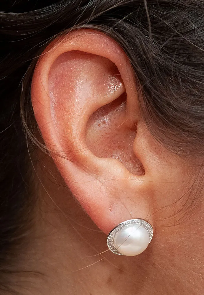 Your Choice: Sterling Silver CZ Halo Freshwater Pearl Stud Earrings - OR - Matching Freshwater Pearl Pendant & Necklace - OR – Gift Set of All Three