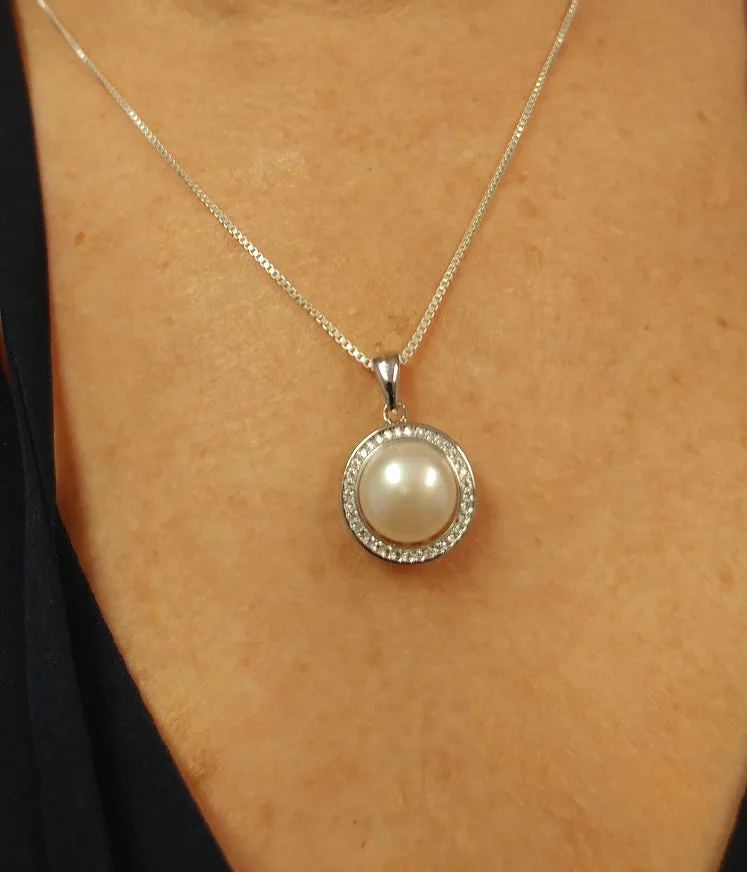 Your Choice: Sterling Silver CZ Halo Freshwater Pearl Stud Earrings - OR - Matching Freshwater Pearl Pendant & Necklace - OR – Gift Set of All Three