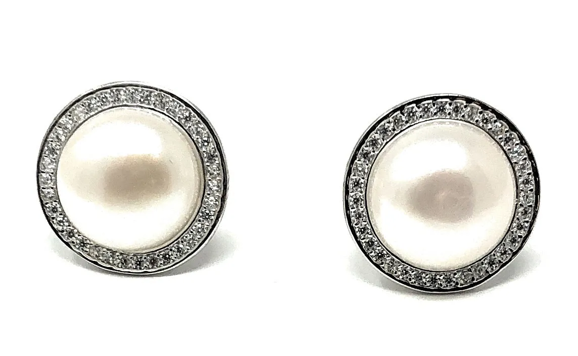 Your Choice: Sterling Silver CZ Halo Freshwater Pearl Stud Earrings - OR - Matching Freshwater Pearl Pendant & Necklace - OR – Gift Set of All Three