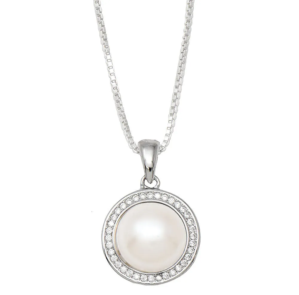 Your Choice: Sterling Silver CZ Halo Freshwater Pearl Stud Earrings - OR - Matching Freshwater Pearl Pendant & Necklace - OR – Gift Set of All Three
