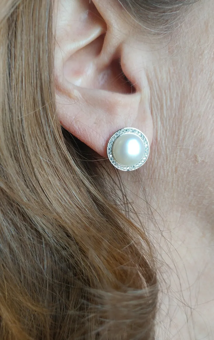 Your Choice: Sterling Silver CZ Halo Freshwater Pearl Stud Earrings - OR - Matching Freshwater Pearl Pendant & Necklace - OR – Gift Set of All Three