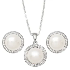 Your Choice: Sterling Silver CZ Halo Freshwater Pearl Stud Earrings - OR - Matching Freshwater Pearl Pendant & Necklace - OR – Gift Set of All Three